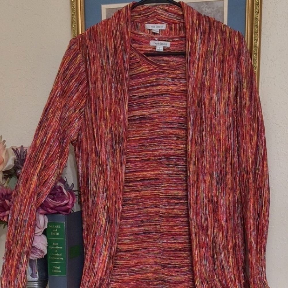 Colorful 2Piece Metallic Cardigan And Long Sleeve Top Career Coastal Grandma